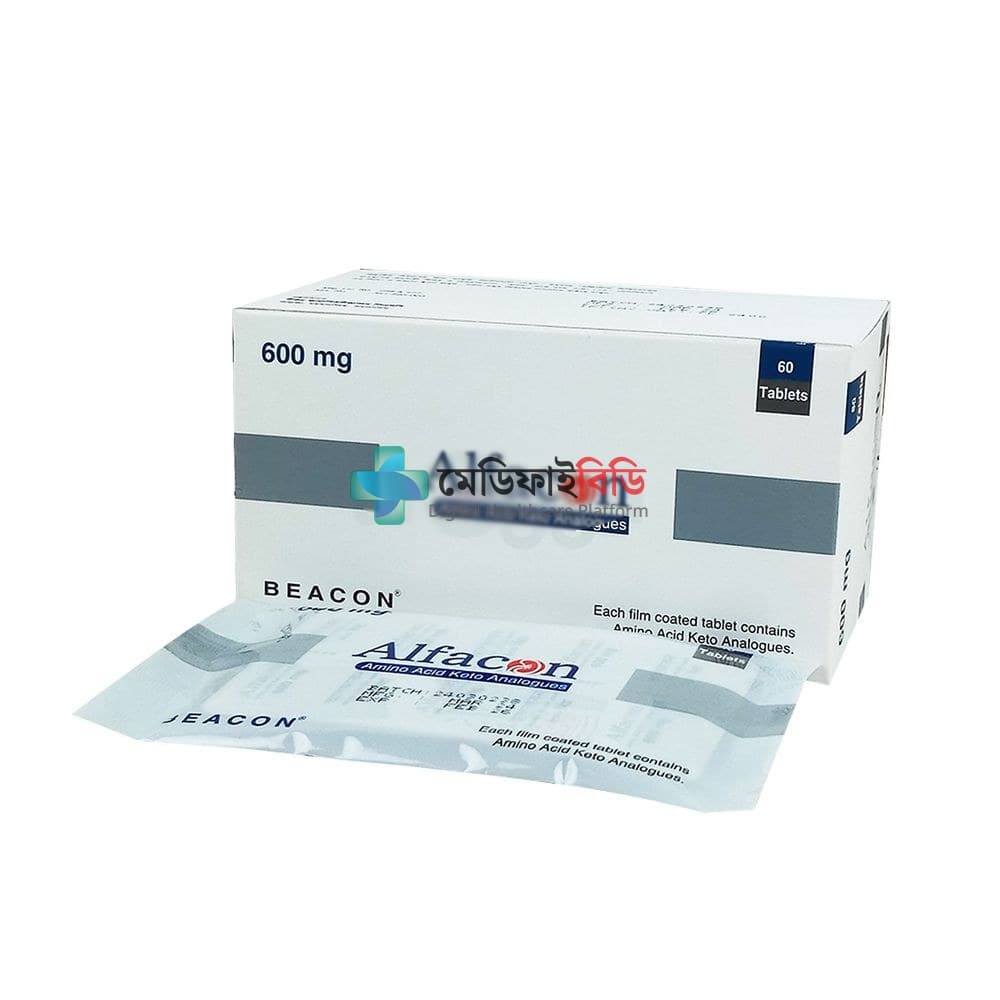 Alfacon 600 600mg — Alpha Ketoanalogues & essential amino acids (Isoleucine, leucine, phenylalanine, valine, methionine, L-lysine, L-threonine, L-tryptophan, L-histidine, L-tyrosine, nitrogen)